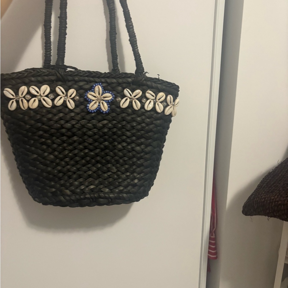 Black Woven Tote Bag with Shell Accents